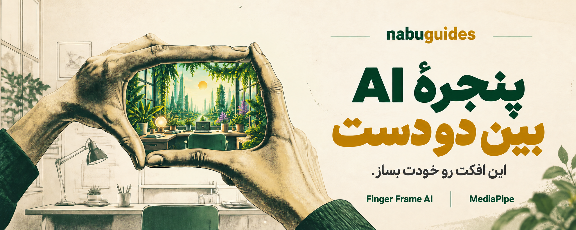 پنجرهٔ AI بین دو دست؛ کاور nabuguides با قاب دست‌ها، Finger Frame AI و MediaPipe