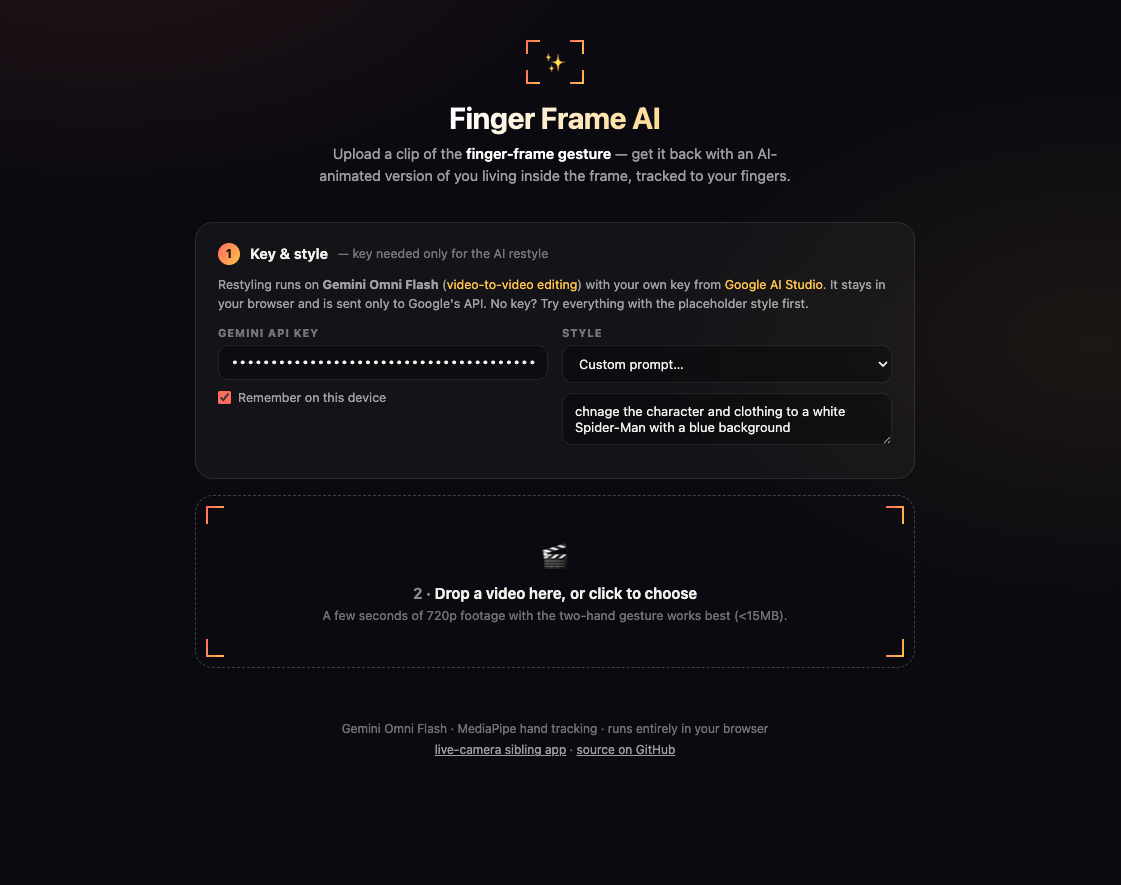 رابط Finger Frame AI با بخش کلید API، انتخاب استایل، پرامپت سفارشی و آپلود ویدیو